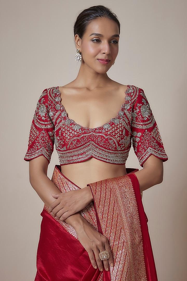 Red Silk Zari Embroidered Banarasi Reception Saree Set by Jayanti Reddy at Pernia's Pop Up Shop