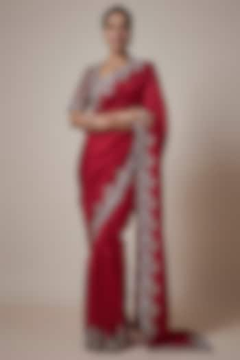 Red Silk Cutwork Embroidered Saree Set by Jayanti Reddy at Pernia's Pop Up Shop