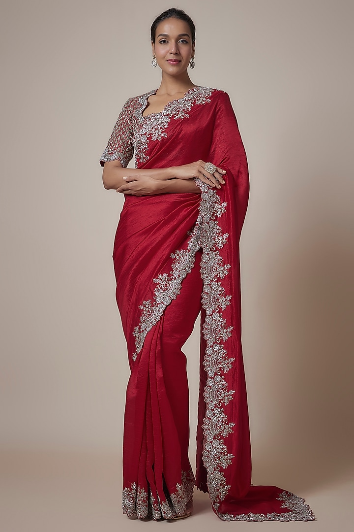 Red Silk Cutwork Embroidered Saree Set by Jayanti Reddy at Pernia's Pop Up Shop