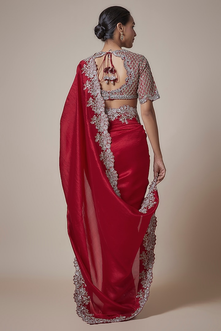 Red Silk Cutwork Embroidered Bridal Saree Set by Jayanti Reddy at Pernia's Pop Up Shop