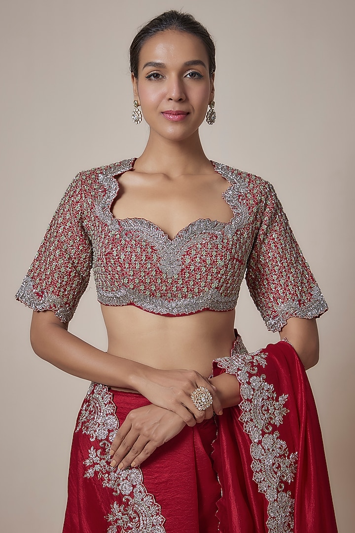 Red Silk Cutwork Embroidered Bridal Saree Set by Jayanti Reddy at Pernia's Pop Up Shop