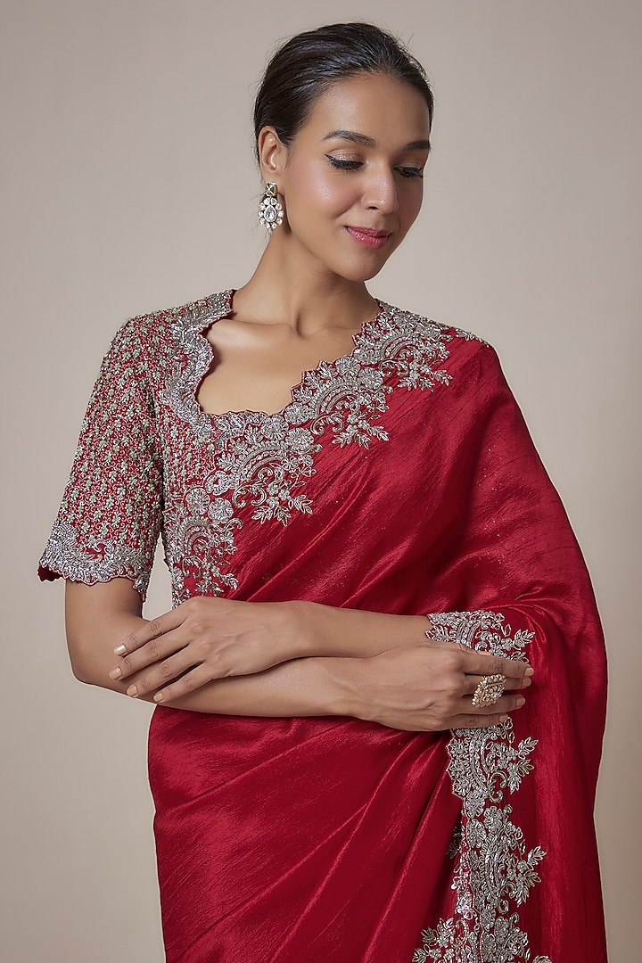 Red Silk Cutwork Embroidered Bridal Saree Set by Jayanti Reddy at Pernia's Pop Up Shop