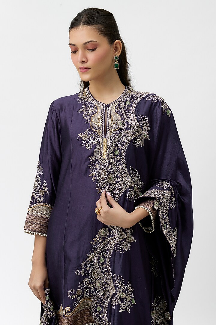 Purple Silk Zardosi Embroidered Tunic Set by Jayanti Reddy at Pernia's Pop Up Shop
