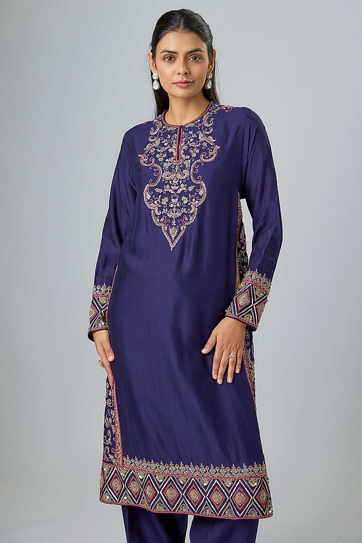Purple Silk Zardosi Embroidered Kurta Set by Jayanti Reddy at Pernia's Pop Up Shop