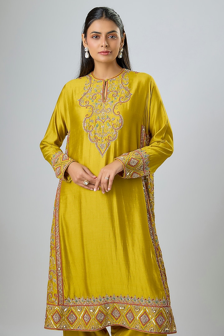 Mustard Silk Zardosi Embroidered Kurta Set by Jayanti Reddy at Pernia's Pop Up Shop
