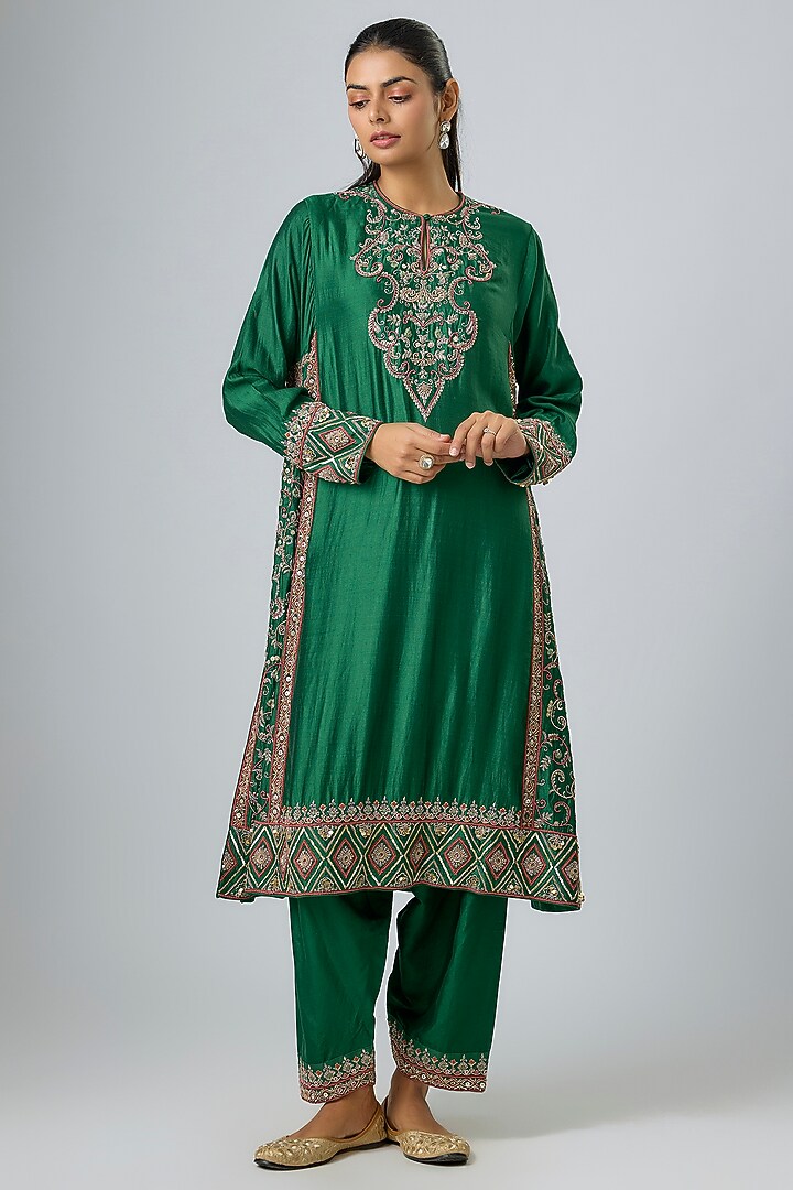 Emerald Green Silk Zardosi Embroidered Kurta Set by Jayanti Reddy at Pernia's Pop Up Shop