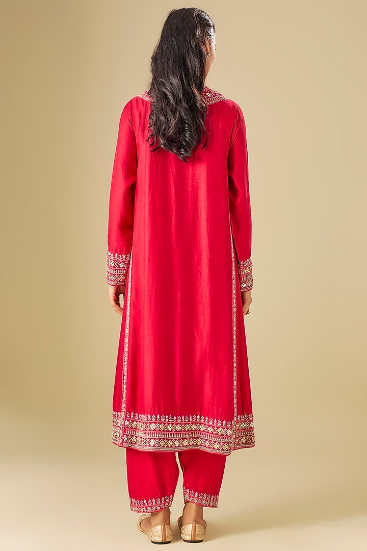 Red Silk Zardosi Embroidered Kurta Set by Jayanti Reddy at Pernia's Pop Up Shop