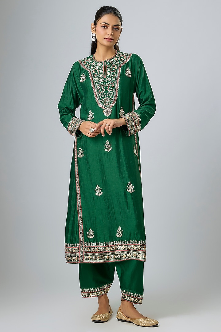 Emerald Green Silk Zardosi Embroidered Kurta Set by Jayanti Reddy at Pernia's Pop Up Shop