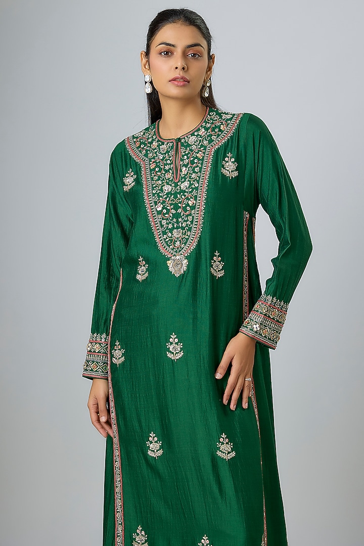 Emerald Green Silk Zardosi Embroidered Kurta Set by Jayanti Reddy at Pernia's Pop Up Shop