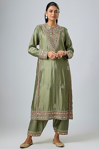 Mint Green Silk Zardosi Embroidered Kurta Set by Jayanti Reddy