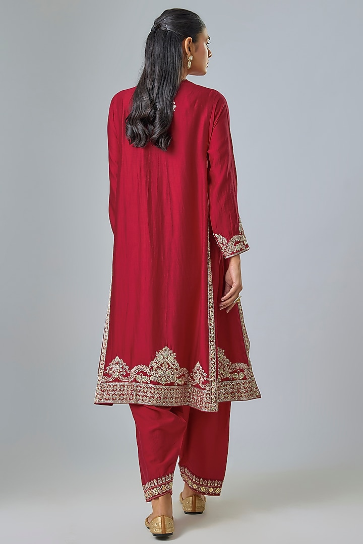 Red Silk Zardosi Embroidered Kurta Set by Jayanti Reddy at Pernia's Pop Up Shop