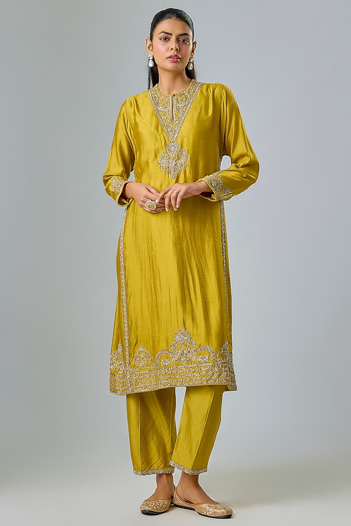 Mustard Yellow Silk Zardosi Embroidered Kurta Set by Jayanti Reddy at Pernia's Pop Up Shop