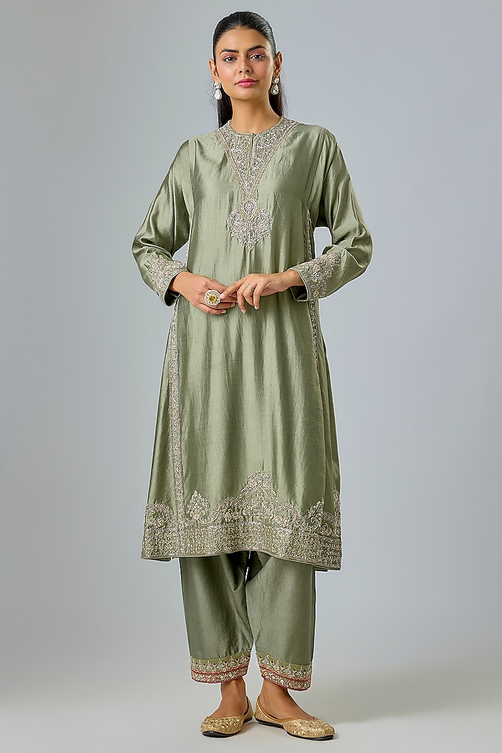 Mint Green Silk Zardosi Embroidered Kurta Set by Jayanti Reddy at Pernia's Pop Up Shop