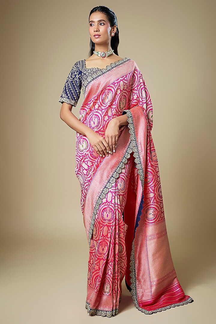 Pink Banarasi Zardosi Embroidered Woven Bridal Saree Set by Jayanti Reddy at Pernia's Pop Up Shop