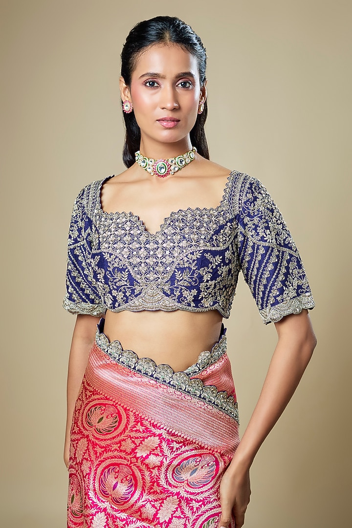 Pink Banarasi Zardosi Embroidered Woven Bridal Saree Set by Jayanti Reddy at Pernia's Pop Up Shop
