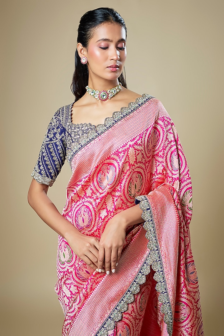 Pink Banarasi Zardosi Embroidered Woven Bridal Saree Set by Jayanti Reddy at Pernia's Pop Up Shop