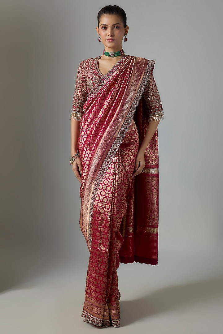 Red Silk Embroidered Banarasi Bridal Saree Set by Jayanti Reddy at Pernia's Pop Up Shop
