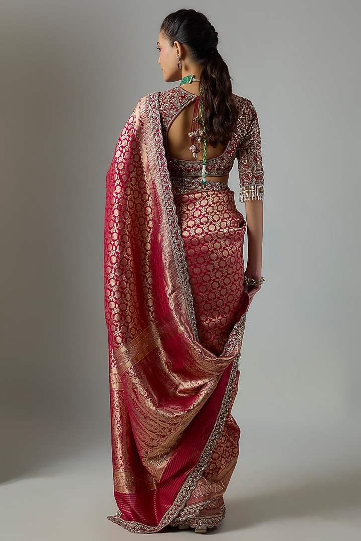 Red Silk Embroidered Banarasi Bridal Saree Set by Jayanti Reddy at Pernia's Pop Up Shop