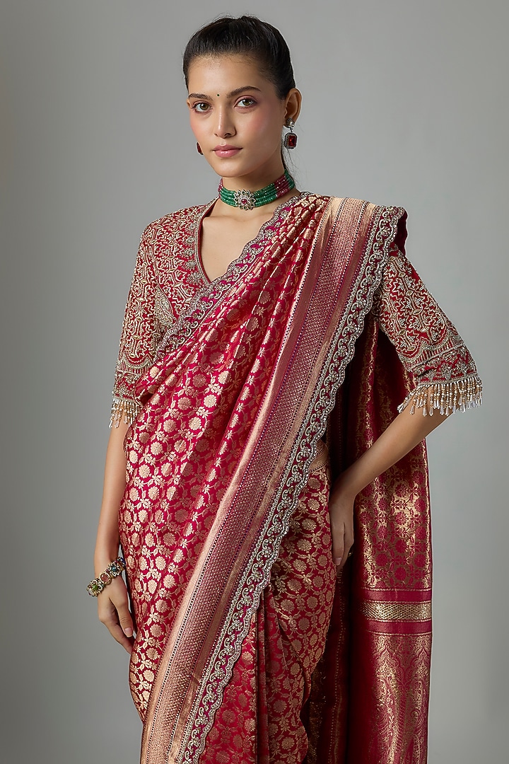 Red Silk Embroidered Banarasi Bridal Saree Set by Jayanti Reddy at Pernia's Pop Up Shop