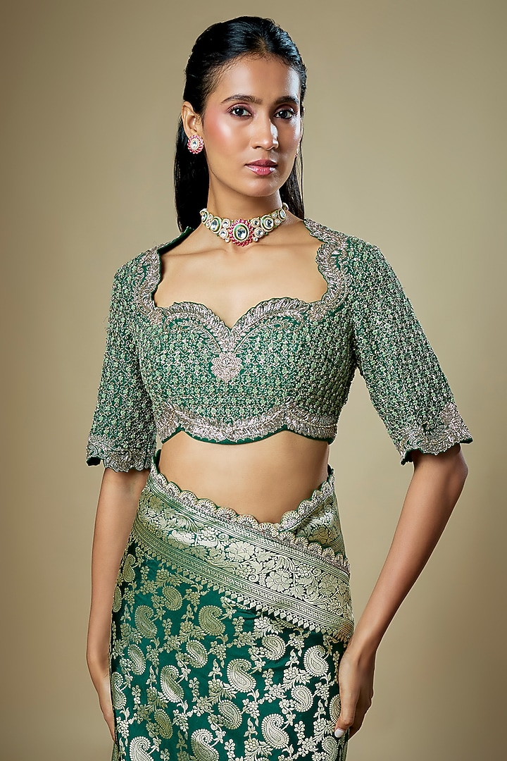 Emerald Green Banarasi Zardosi Embroidered Woven Bridal Saree Set by Jayanti Reddy at Pernia's Pop Up Shop