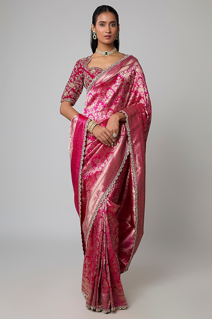 Pink Silk Zardosi Embroidered Banarasi Bridal Saree Set by Jayanti Reddy at Pernia's Pop Up Shop