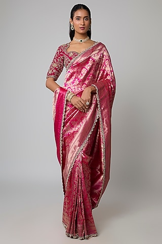 Pink Silk Zardosi Embroidered Banarasi Saree Set by Jayanti Reddy