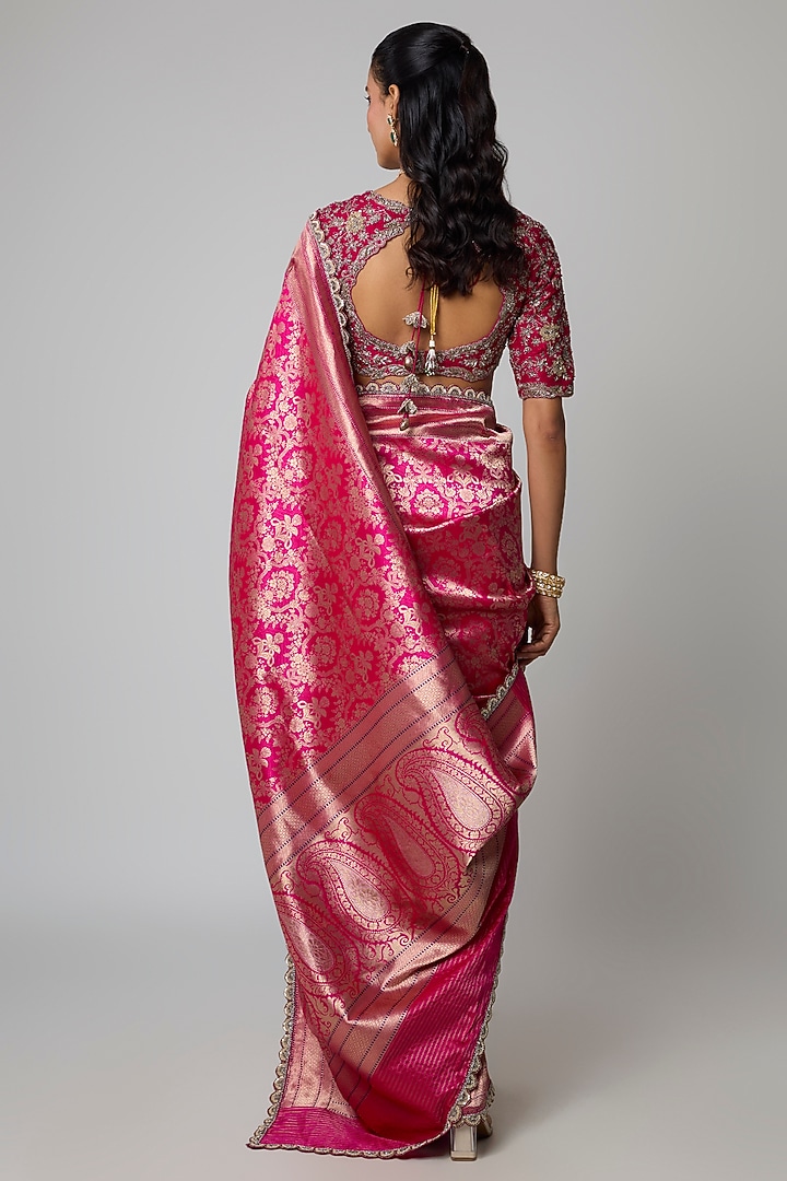 Pink Silk Zardosi Embroidered Banarasi Bridal Saree Set by Jayanti Reddy at Pernia's Pop Up Shop