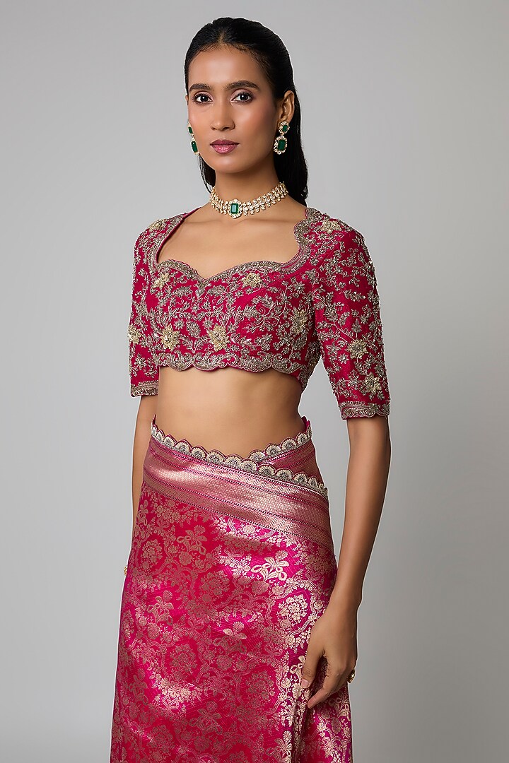 Pink Silk Zardosi Embroidered Banarasi Bridal Saree Set by Jayanti Reddy at Pernia's Pop Up Shop