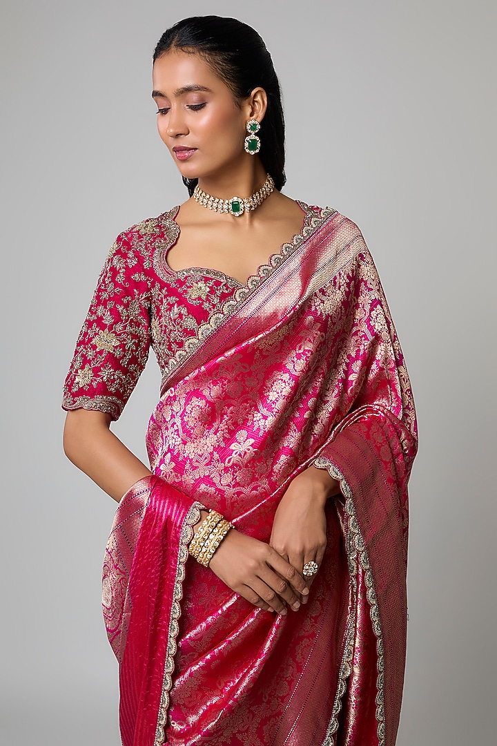 Pink Silk Zardosi Embroidered Banarasi Bridal Saree Set by Jayanti Reddy at Pernia's Pop Up Shop