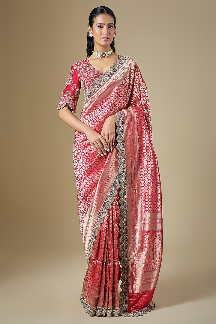 Red Banarasi Zardosi Embroidered Woven Bridal Saree Set by Jayanti Reddy at Pernia's Pop Up Shop
