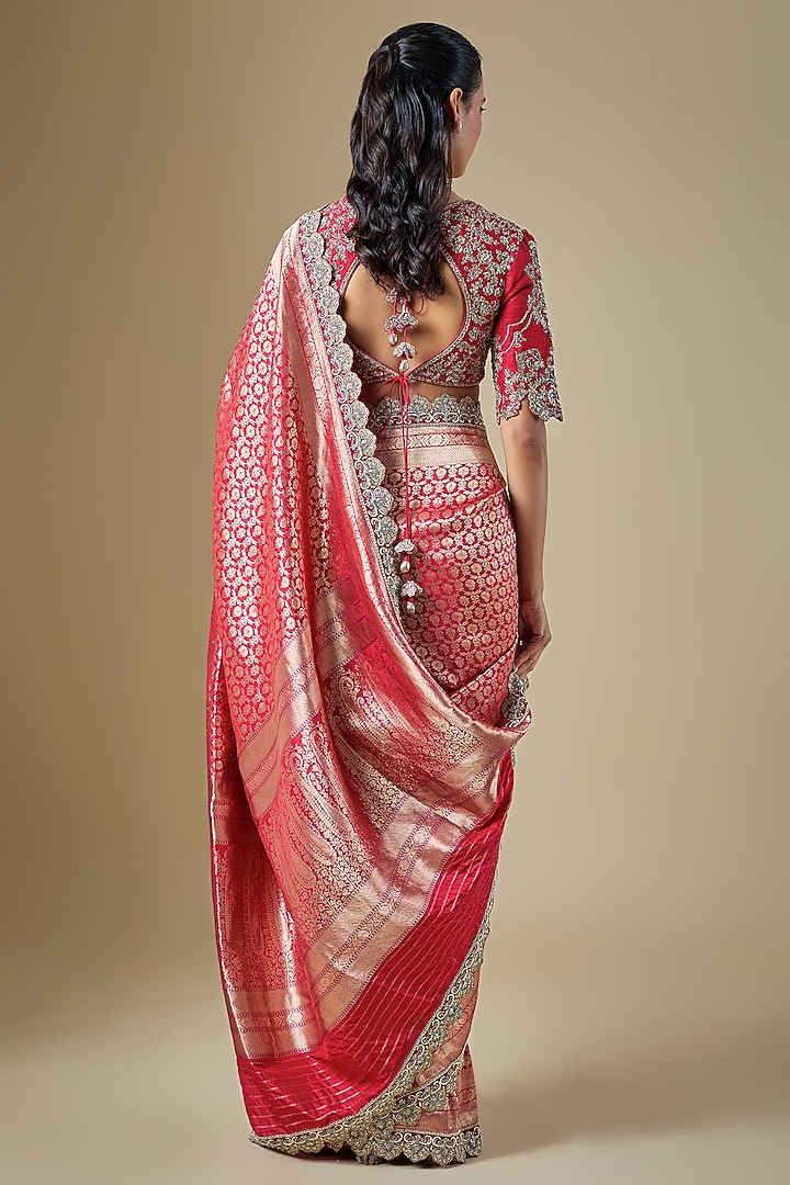 Red Banarasi Zardosi Embroidered Woven Bridal Saree Set by Jayanti Reddy at Pernia's Pop Up Shop
