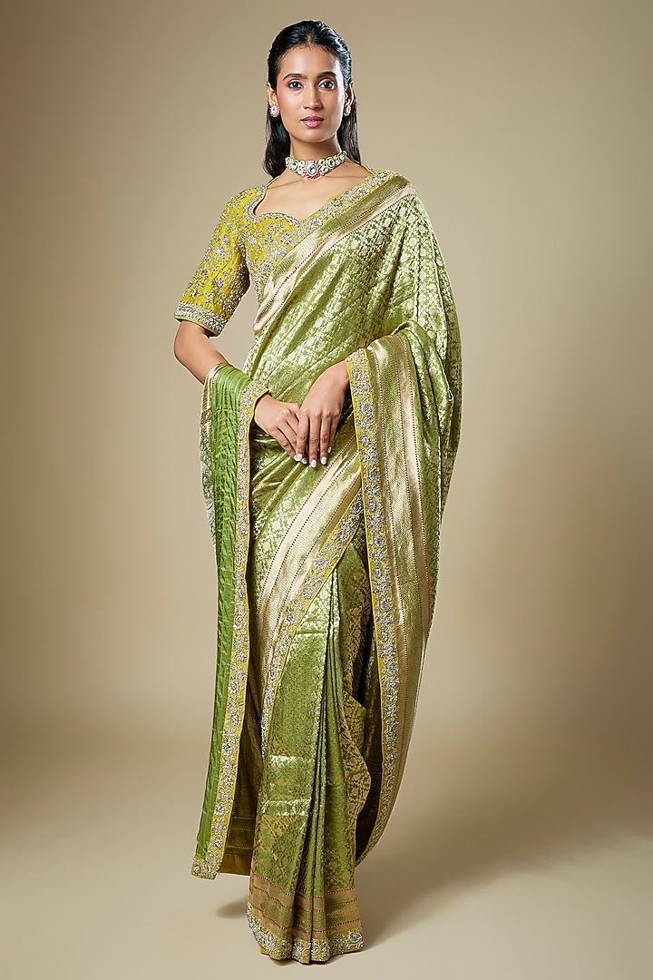 Olive Green Banarasi Zardosi Embroidered Woven Bridal Saree Set by Jayanti Reddy at Pernia's Pop Up Shop