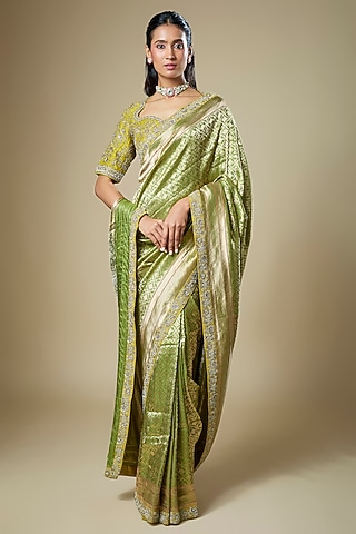 Olive Green Banarasi Zardosi Embroidered Woven Saree Set by Jayanti Reddy