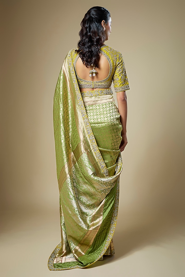 Olive Green Banarasi Zardosi Embroidered Woven Bridal Saree Set by Jayanti Reddy at Pernia's Pop Up Shop