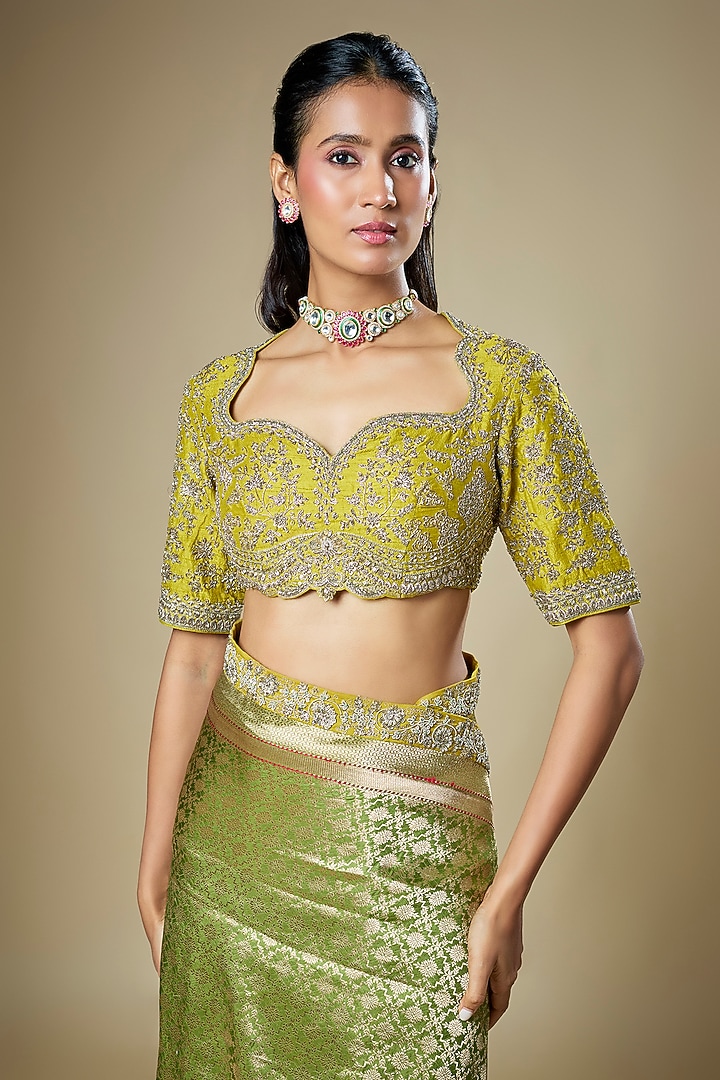 Olive Green Banarasi Zardosi Embroidered Woven Bridal Saree Set by Jayanti Reddy at Pernia's Pop Up Shop