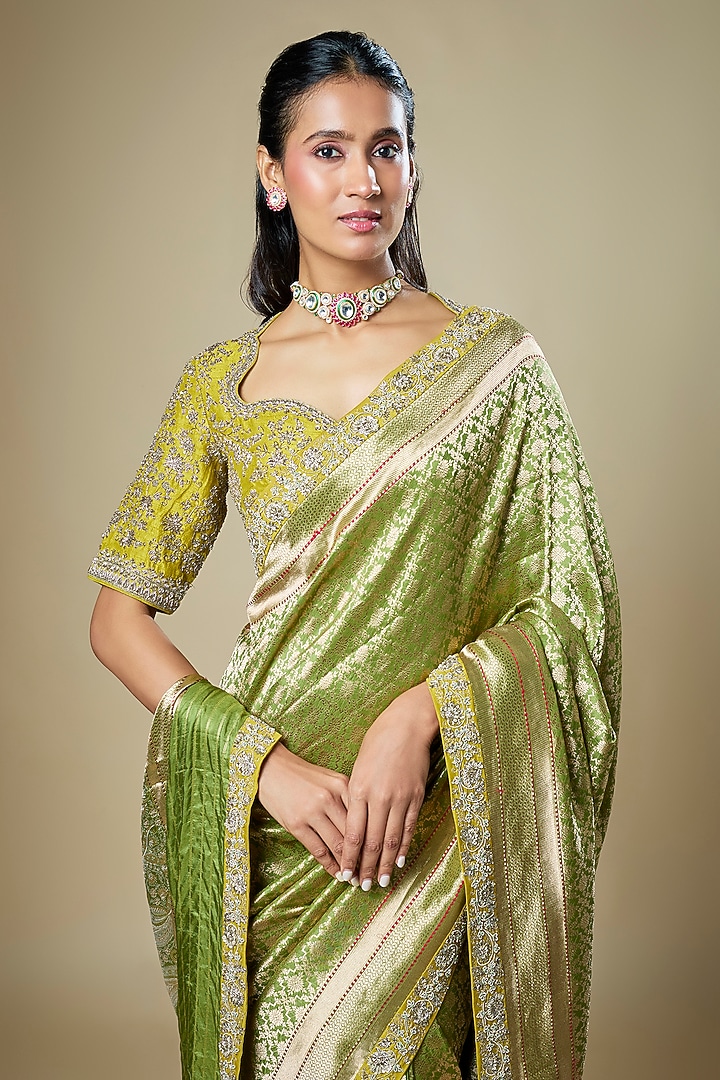 Olive Green Banarasi Zardosi Embroidered Woven Bridal Saree Set by Jayanti Reddy at Pernia's Pop Up Shop