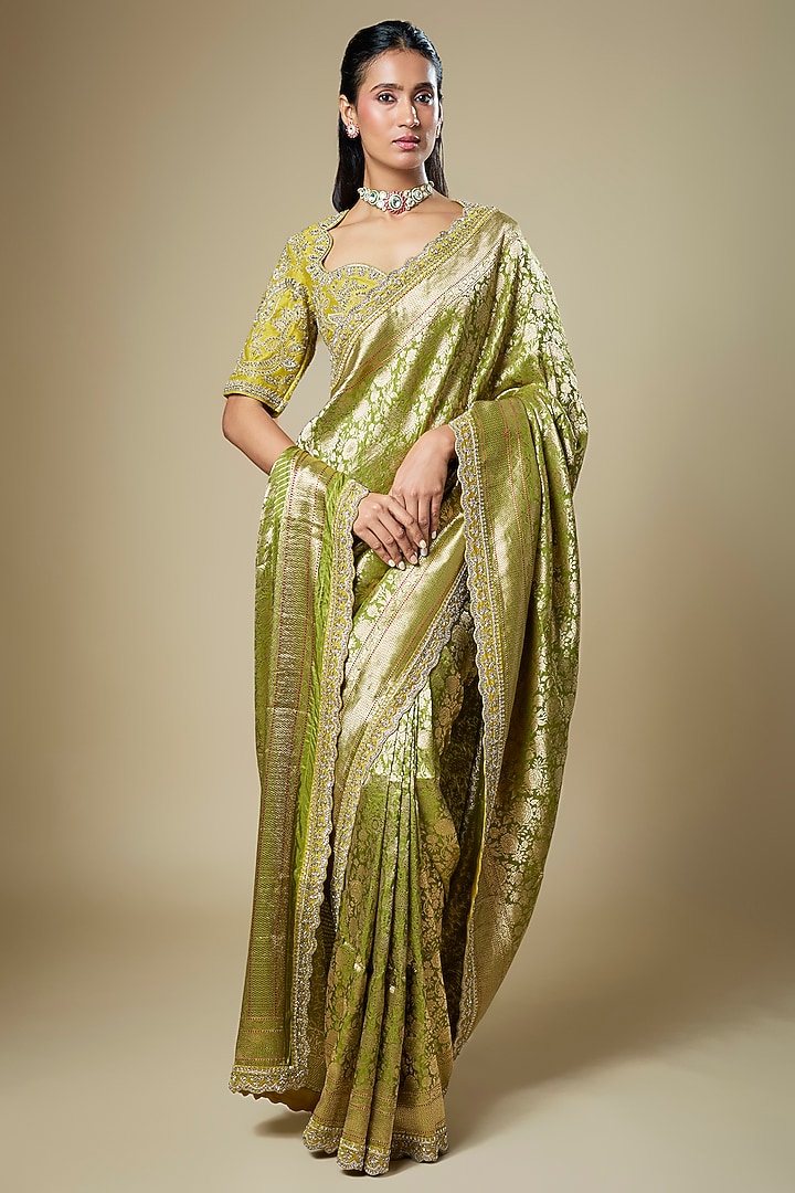 Olive Green Banarasi Zardosi Embroidered Woven Bridal Saree Set by Jayanti Reddy at Pernia's Pop Up Shop