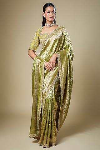 Olive Green Banarasi Zardosi Embroidered Woven Saree Set by Jayanti Reddy