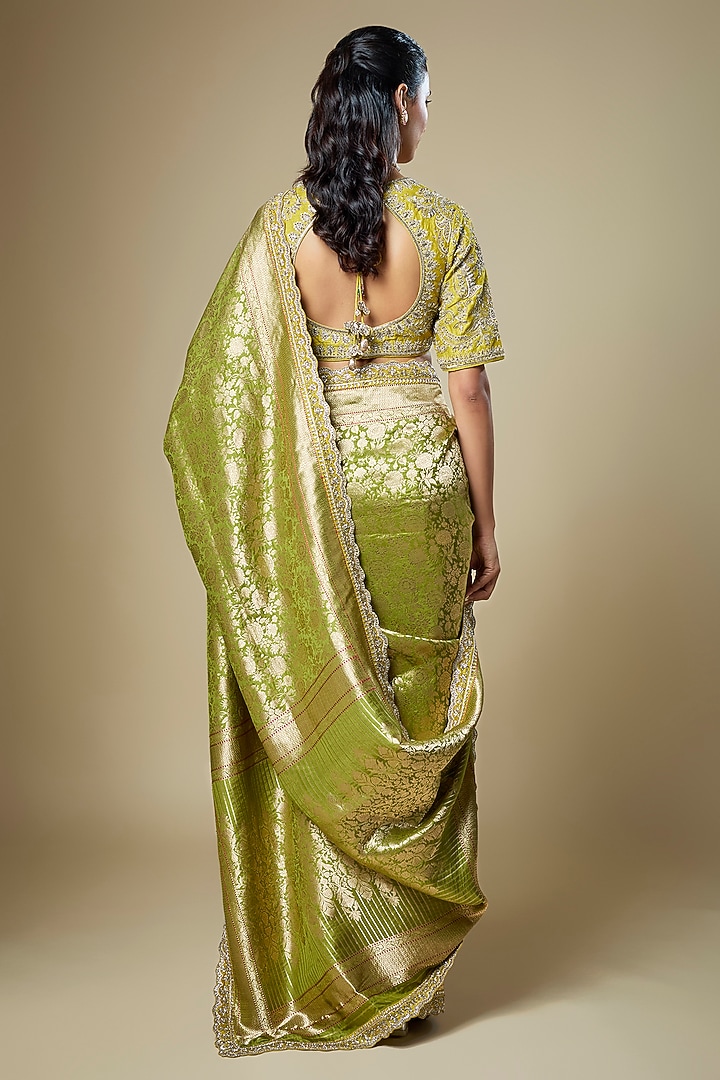 Olive Green Banarasi Zardosi Embroidered Woven Bridal Saree Set by Jayanti Reddy at Pernia's Pop Up Shop