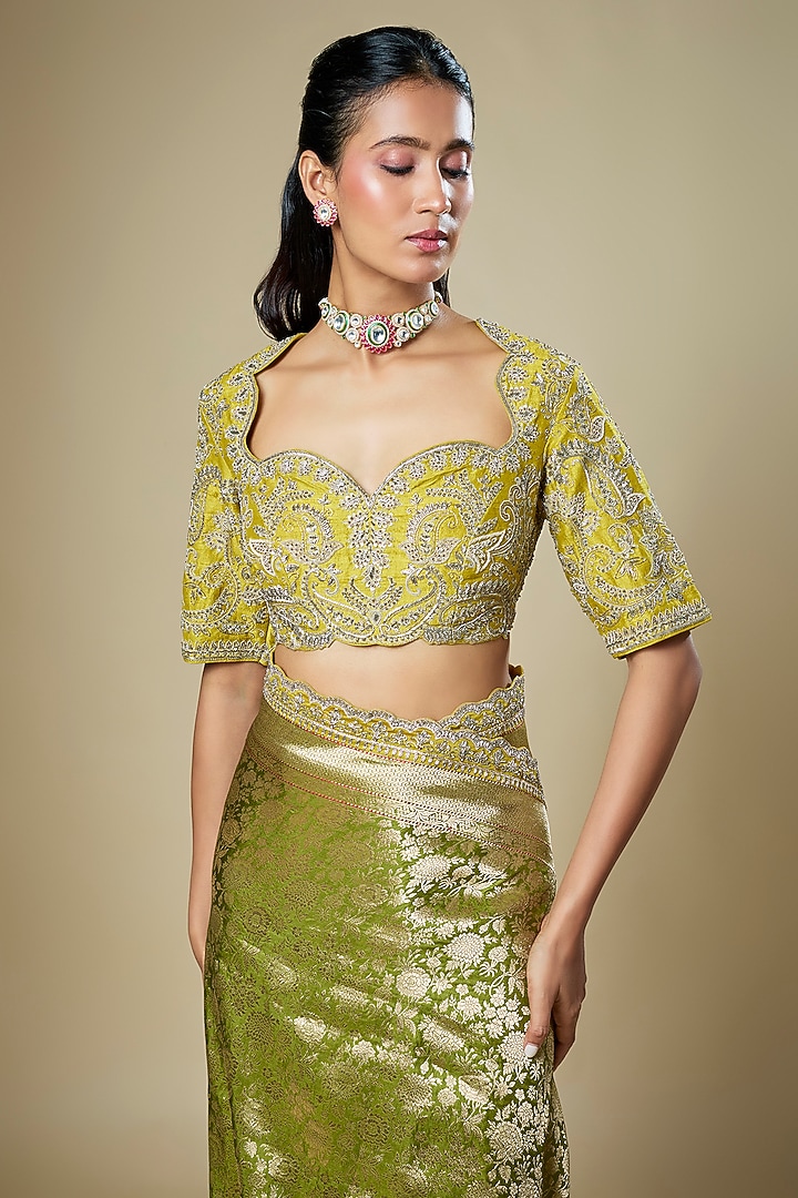 Olive Green Banarasi Zardosi Embroidered Woven Bridal Saree Set by Jayanti Reddy at Pernia's Pop Up Shop