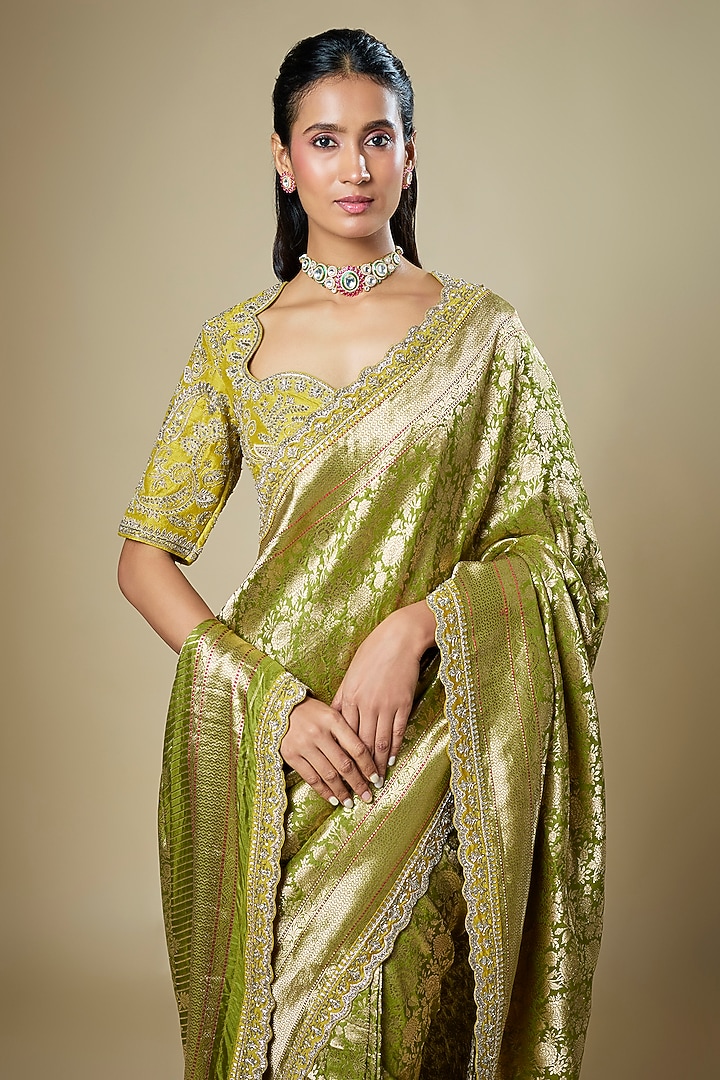 Olive Green Banarasi Zardosi Embroidered Woven Bridal Saree Set by Jayanti Reddy at Pernia's Pop Up Shop