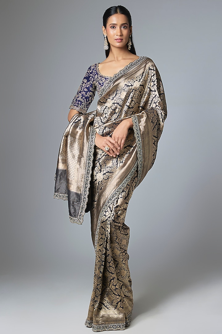 Purple & Black Banarasi Silk Bridal Saree Set by Jayanti Reddy at Pernia's Pop Up Shop