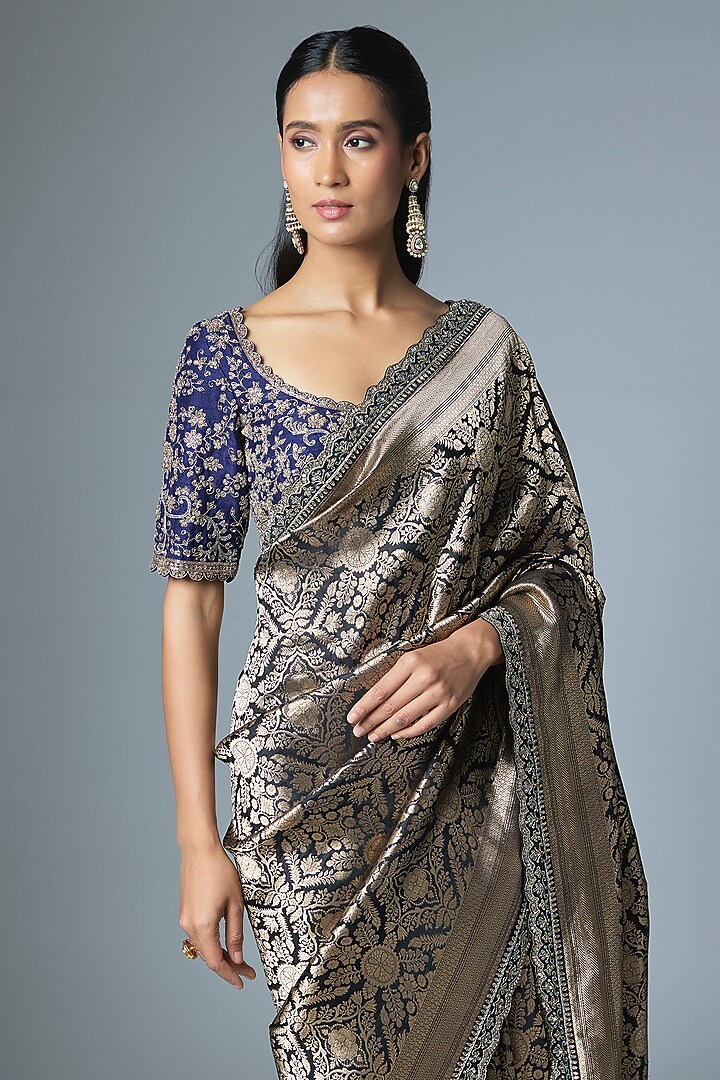 Purple & Black Banarasi Silk Bridal Saree Set by Jayanti Reddy at Pernia's Pop Up Shop