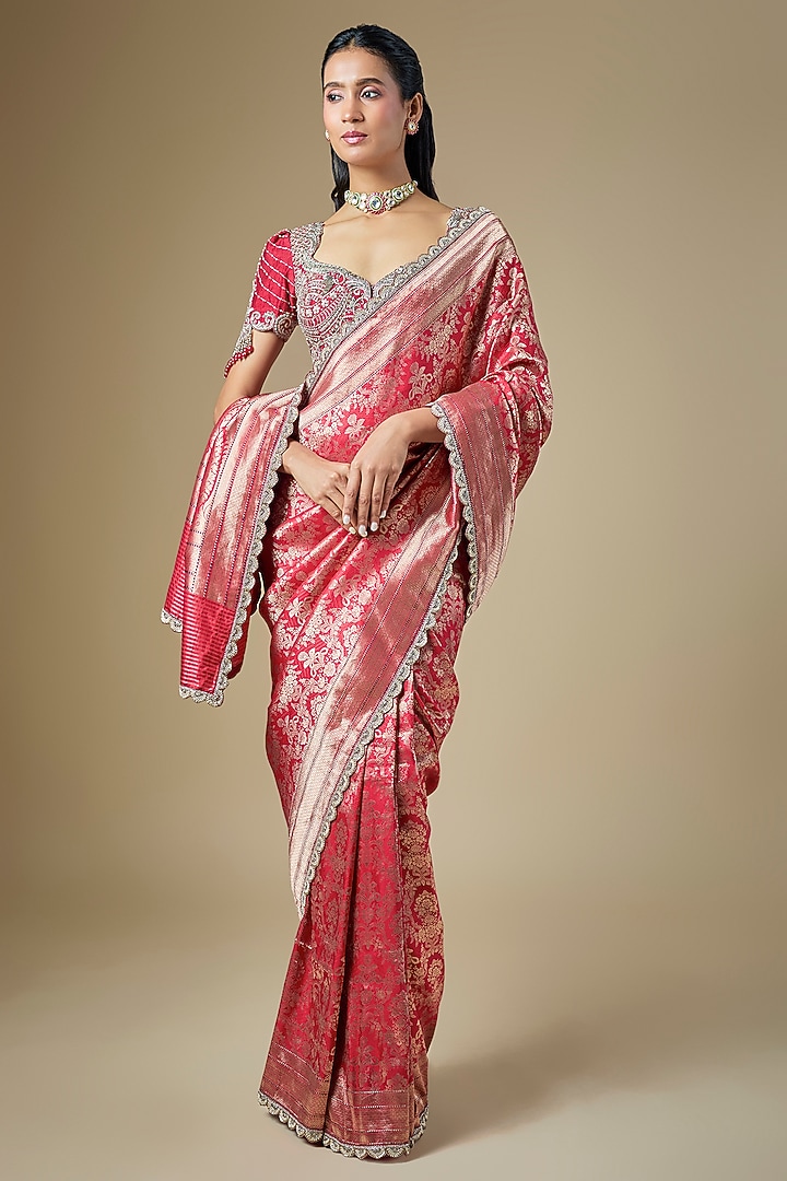 Red Banarasi Zardosi Embroidered Woven Bridal Saree Set by Jayanti Reddy at Pernia's Pop Up Shop