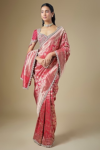 Red Banarasi Zardosi Embroidered Woven Saree Set by Jayanti Reddy