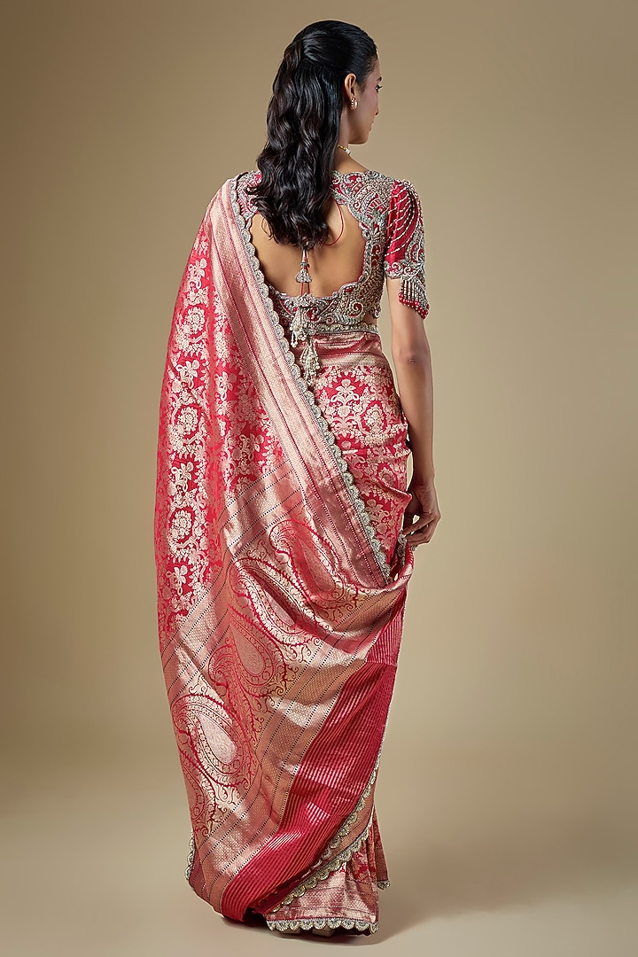 Red Banarasi Zardosi Embroidered Woven Bridal Saree Set by Jayanti Reddy at Pernia's Pop Up Shop