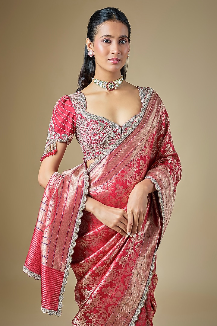 Red Banarasi Zardosi Embroidered Woven Bridal Saree Set by Jayanti Reddy at Pernia's Pop Up Shop