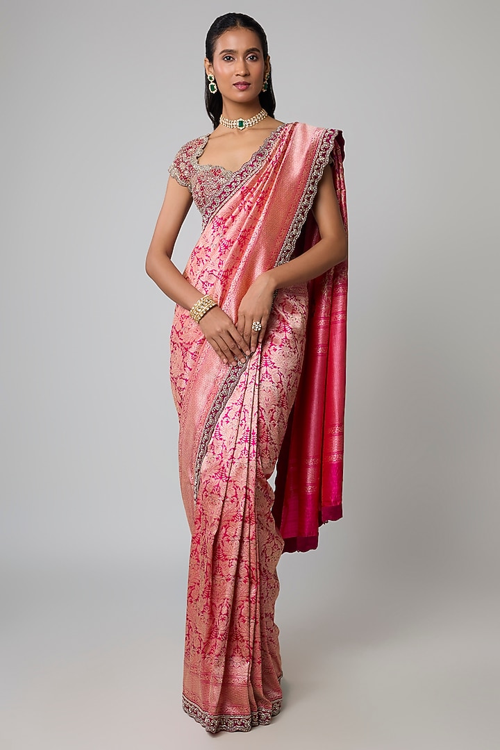 Pink Silk Zardosi Embroidered Banarasi Bridal Saree Set by Jayanti Reddy at Pernia's Pop Up Shop