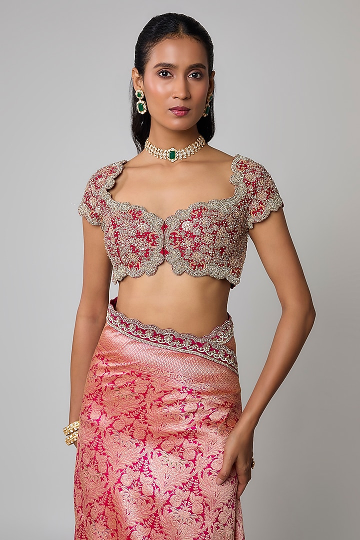 Pink Silk Zardosi Embroidered Banarasi Bridal Saree Set by Jayanti Reddy at Pernia's Pop Up Shop