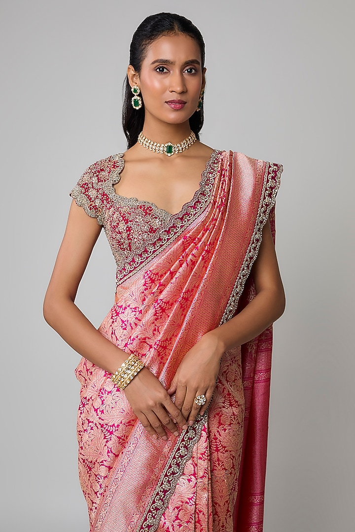 Pink Silk Zardosi Embroidered Banarasi Bridal Saree Set by Jayanti Reddy at Pernia's Pop Up Shop